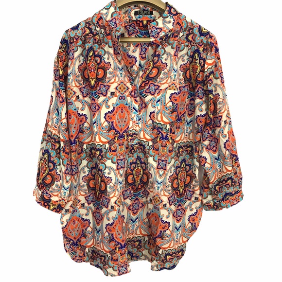 Depri Tops - Depri Paisley Floral V Neck Roll Tab Sleeve Blouse